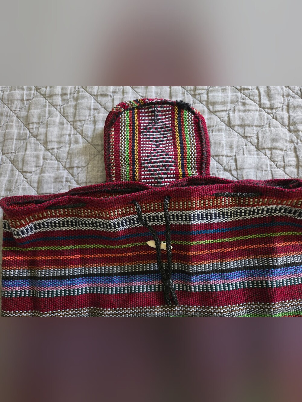Handwoven Red Multicolor Drawstring Backpack, Made In MEXICO - Picture 5 of 10
